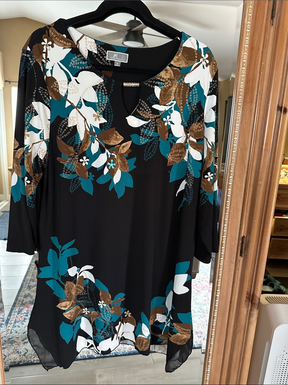 JM Collection Black Tunic with Teal, Brown & White Floral Print